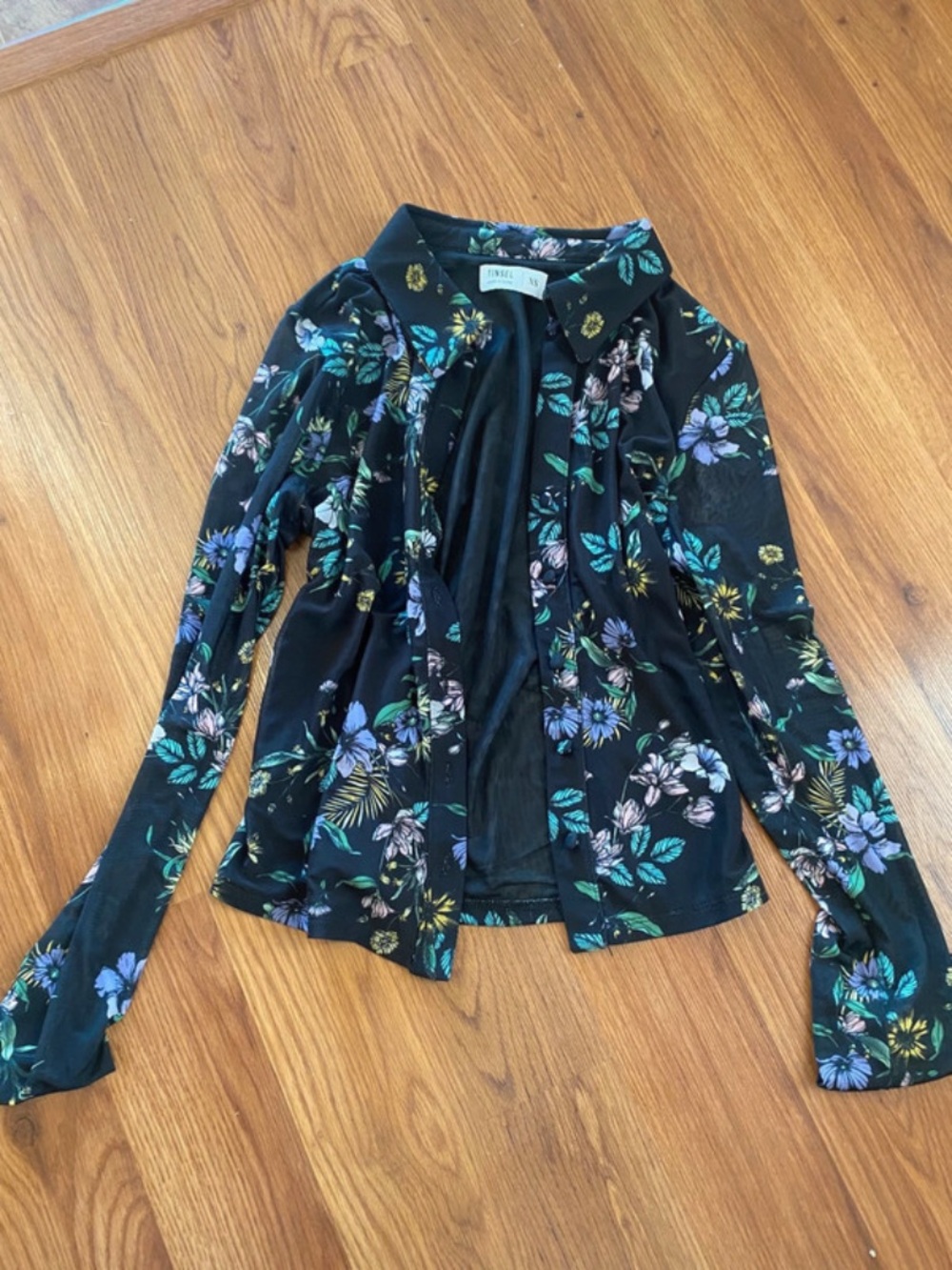 Tinsel Black Floral Button Up with Teal & Purple Accents
